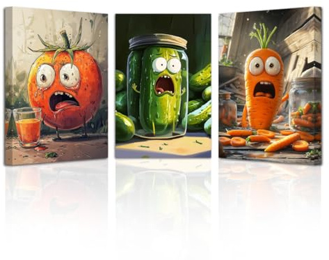 LZIMU Funny Kitchen Wall Art Picture Frame 3 Pieces Whimsical Pickle Canvas Prints Humorous Vegetable Food Paintings for Restaurant Dining Room Decor (Orange, 11x14inchx3 Pieces)