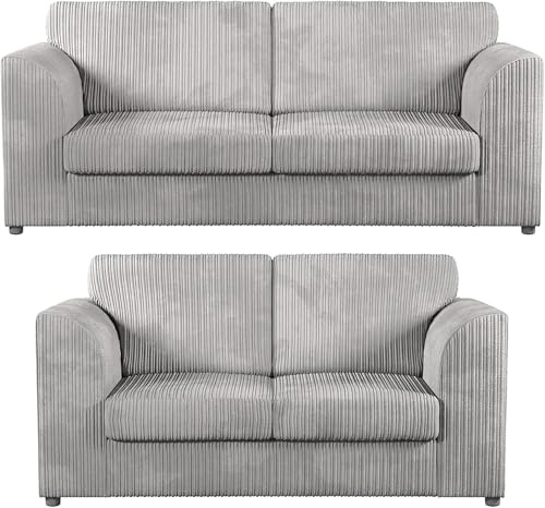 Bliss Furniture's Jumbo Cord High Back 3 and 2 Seater Sofa Sets | Supreme Comfort Duo in Soft Cord Fabric - Elevate Your Living Space with Double the Style and Comfort. (Silver, 3+2 Set)