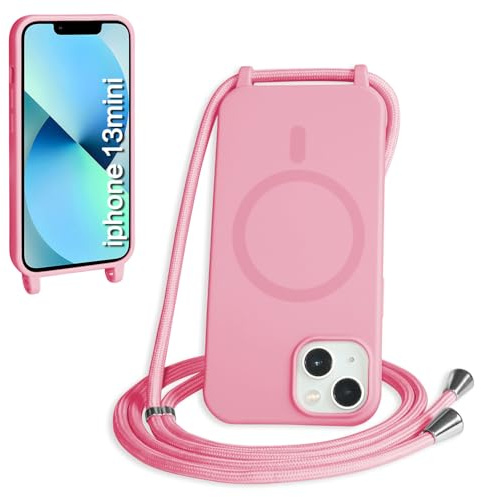 FNPCUON Cover Magnetica Silicone per iPhone 13 Mini con Cordino,Compatibile con MagSafe,Custodia con Laccio Collana Tracolla Collo Sottile TPU Antiurto Protettiva Case con Corda.Pink
