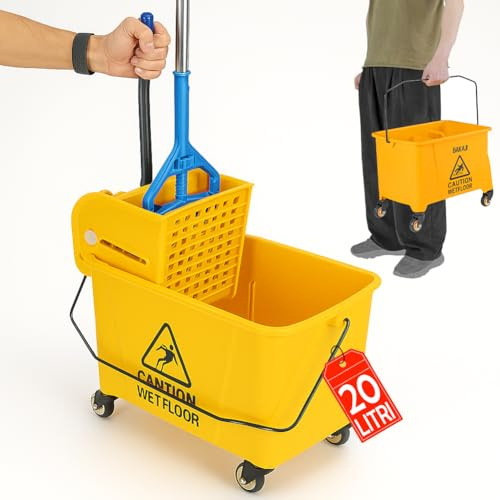 BAKAJI Carrello per Pulizie Professionale con Secchio Lavapavimenti per Mocio, Carrello Pulizie con Strizzatore e Pannello di Separazione, Maniglia e 4 Ruote Piroettanti di Plastica (20 Litri)