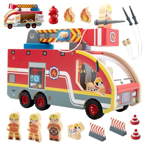Nene Toys Camion dei Pompieri in Legno – Giocattolo Educativo Magnetico per Bambini 2+ Anni – Scala Girevole 360°, Tubi Magnetici, Idrante, Pompieri & Dalmata – Gioco Montessori FSC Regalo Perfetto