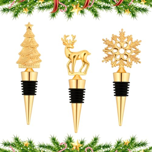 ldyllicStyle Bouchon Champagne, Bouchon De Bouteille De Vin De Noël, Tapón Reutilizable Para Botellas, Lot De 3 Or, pour Restaurant, Bar, Bouteilles De Vin, Fête De Noël Mariage