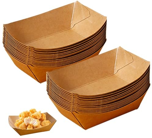 Zyiphor 100 Stücke Pommes Schalen Kraftpapier Fingerfood Schalen Abbaubar Einweggeschirr Pappschalen Schiffchen Snackschalen für Fingerfood Currywurst Pommes Sushi, 13 x 9,2 x 3,6CM
