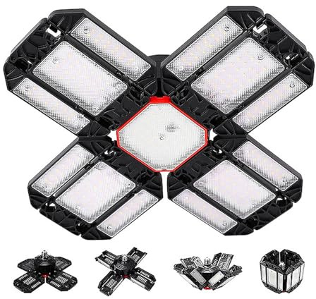Yeqqzq LED Garage Light,180W Deformable Garage Ceiling Lights,15000LM, 12 Adjustable Panels, E26/E27 Shop Lights for Basement, Barn, Workshop,High Bay Light ﻿