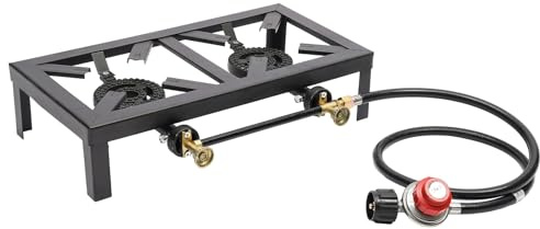 awolsrgiop Réchaud à gaz à 2 feux en fonte 8000 W avec régulateur de pression 0-10 PSI et tuyau, double brûleur pour jardin, terrasse, camping et pêche