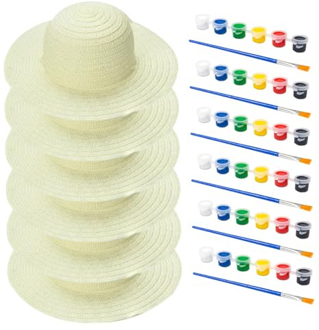 Pineeseatile halmhatt barn, 6 set vit halmhatt set gör-det-själv barnhattar med pigment borste hantverk konst målning mössa tefesttillbehör för vuxna för hem daglig användning