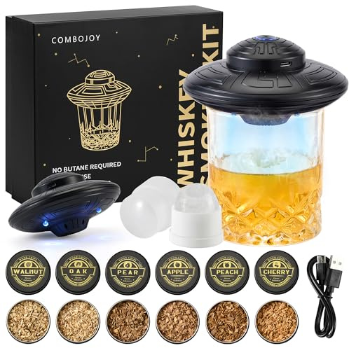 ComboJoy Electric Whiskey Smoker Kit with LED – 6 Flavors Wood Chips, Whiskey Glass & Ice Cube Mold – Rechargeable Cocktail Smoker, Old Fashioned Bourbon Gifts for Men, Dad, Husband -Black
