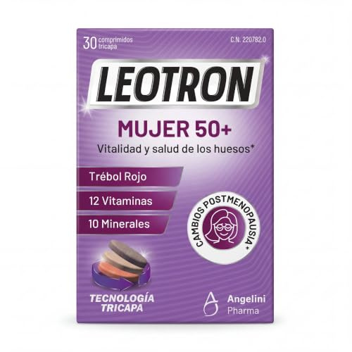 Leotron Mujer 50+ - Complemento alimenticio con Trébol Rojo, 12 vitaminas y 10 minerales - Sin gluten, sin lactosa, sin azúcares - 30 comprimidos tricapa