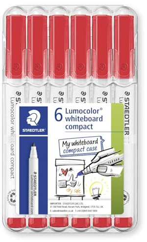 STAEDTLER 341 Kompakter Lumocolor Whiteboard-Marker, 1–2 mm Rundspitze, trocken abwischbare Marker, Brieftasche, Packung mit 6 Stiften, Rot