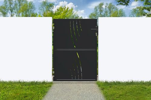 Casanoov Portillon Acier Galvanisé NALI VELETA Motif Nature Noir Brillant 1,03 m x 1,4 m - 1,44 m² - 103 x 140 cm – Portillon Jardin Passage Piéton – Kit Complet avec Serrure, Cylindre et Clés