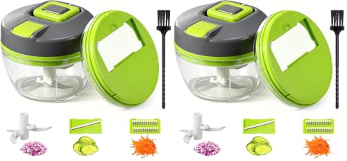 Diboniur Picadora Manual 520 ml, 3 en 1 Picadora de Verduras con Cuerda, Cortador de Verduras Manual, Multifuncional Trituradora de Alimentos para Verduras, Frutas, Nueces (Verde) (Paquete de 2)