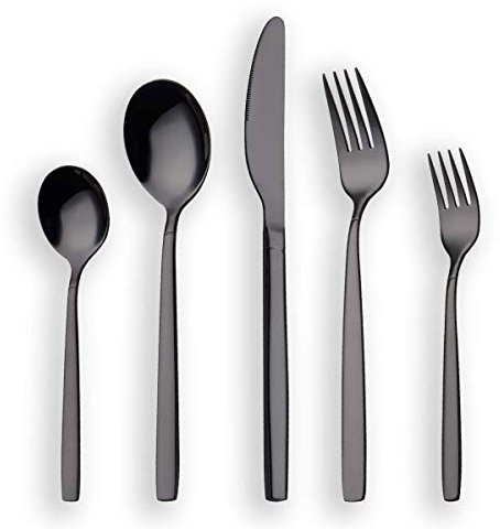 Berglander 30 Piece Titanium Black Plated Stainless Steel Cutlery Set, 30 Pieces Flatware Set, Silverware Set, Service for 6 (Shiny)