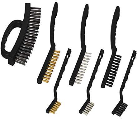 Relaxdays Drahtbürste 7-teiliges Set, je 2 Edelstahl-, Nylon- & Messingbürsten, Stahlbürste mit Griff, 3-reihig, schwarz, 7.5 x 16 x 2 cm