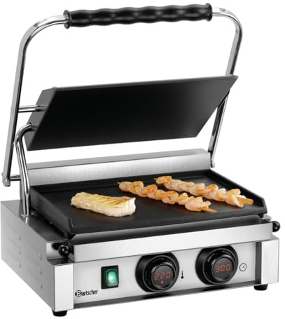 Bartscher Kontaktgrill Panini-MDI 1G – glatte Gusseisenplatten, Edelstahlgehäuse, digitale Steuerung, 230 V, 2,2 kW, silbergrau