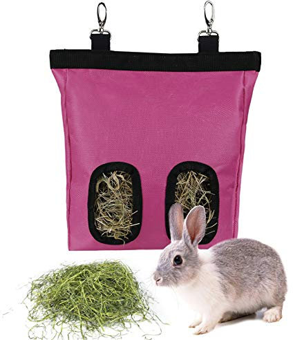 Kaninchen Heutasche Meerschweinchen Futterstation Futterspender Kleintiere Heutasche Futtersack für Hase Chinchilla Hamster Kleine Tiere (2 Fenster, Rosa)