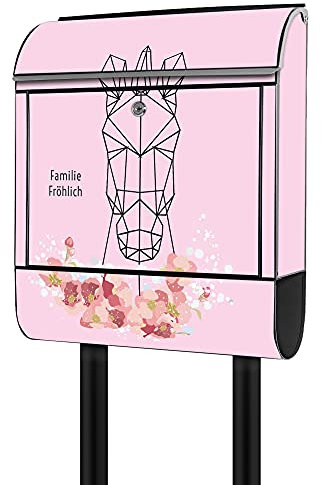 banjado® Briefkasten mit Standfuß personalisierbar Motiv Einhorn Poygon - Stand Briefkasten mit Zeitungsfach pulverbeschichtet aus Stahl schwarz - Postkasten A4 Einwurf inkl. 2 Schlüssel