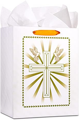 FaCraft 33 cm große Geschenktüte mit Seidenpapier-Kreuz, Papier-Geschenktüten mit Griff, für Taufe, Konfirmation, Erstkommunion, religiöse Hochzeit, Taufe, Geschenktüte für Kinder, Jungen, Mädchen