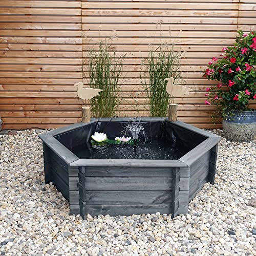 Beauty.Scouts 6-Eck-Hochteich Erlis Kiefer grau 100cm Teichfolie+Pumpe Solar Gartenteich Teich Komplettset pflegeleicht Fertigteich Bausatz Teichset Garten