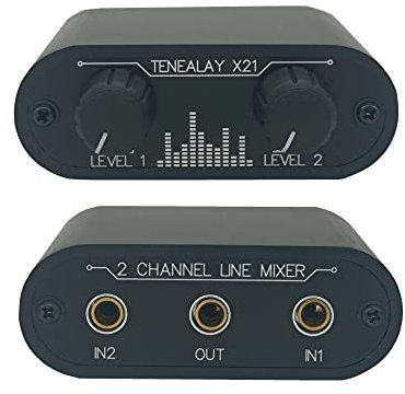 TENEALAY 2 Way Audio mixer 3.5mm Un-powered mixer, 2 to 1 Stereo aux 3.5mm line levels control Box mini passive mixer X21