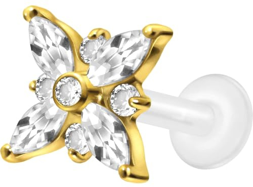 PIERCINGLINE PTFE Labret mit Gewinde Titan Aufsatz KRISTALL STERN Piercing Nase Ohr Helix Tragus Lippe Medusa Goldfarben 1,2 x 7 mm