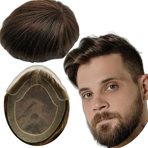 Toupet Cheveux Humains pour Hommes Yanahair Respirant Suisse Dentelle Avec PU Postiche Base Perruques,8x10 pouces de Densité Moyenne Légère Postiche pour Hommes(#2 Brun foncé)