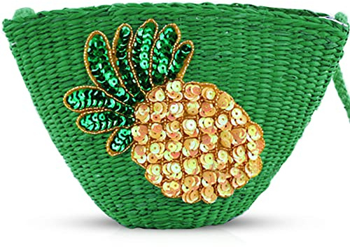 QTKJ Beach Bag, Crossbody Bags for Women, Straw Handmade Bag, Mini Shoulder Bag, Pineapple Sequin Embroidery, Designer Handbags for Vacation Travel Work(Green)