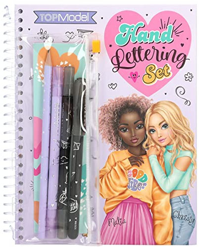 Depesche 12158 TOPModel-Malbuch und Handlettering Anleitungen und Schrift-Ideen zum Üben, Einer Schablone und einem Stifte Set mit Täschchen
