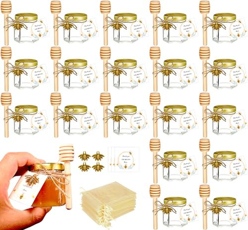 Adabocute Mini Honey Jars-1.5 oz 20 Pack Little Glass Honey Jar-Glass Honey Jars with Gold Lids,Jutes and Beige Bags-Small Hexagonal Honey Jars in Bulk for Baby Shower, Wedding and Party Favors