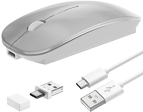 Wireless Mouse Slim Rechargeable Maus Kabellos for MacBook Air/Laptop/Ipad/Computer/Windows Android Tablet,Mini Silent Mice,Portable USB Optical 2.4G Wireless Bluetooth Two Mode Computer Mice-Sliver