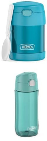 THERMOS kids FUNTAINER FOOD JAR 0,30l, ocean teal, Thermobehälter für Essen mit Löffel, 5 h heiß / 7 h kalt + THERMOS kids FUNTAINER TRITAN BOTTLE, ocean teal, Kinder-Trinkflasche aus Tritan, leicht