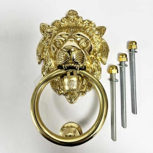 Jones Interiors Heurtoir de porte en forme de tête de lion Grand et imposant heurtoir de porte facile à installer et livré avec fixations Laiton poli