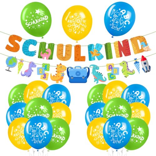Einschulung Deko Junge, Schuleinführung Schulanfang Deko Set，Schulkind Luftballon Dinosaurier，Dinosaurier Schulkind Banner und Luftballon，Schulkind Einschulung deko für Junge