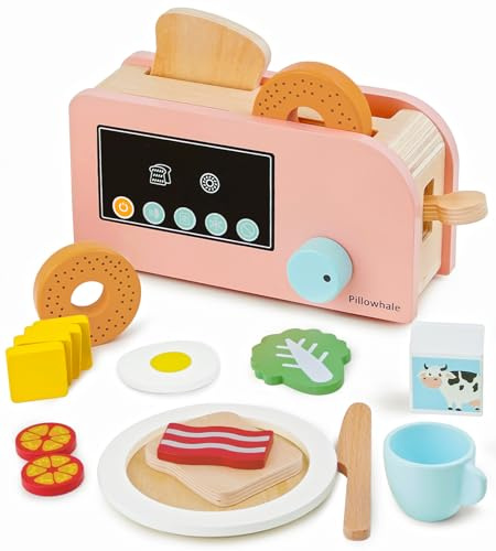 Pillowhale Wooden Pop‑Up Toaster Set for Kids, 17 Pcs Wooden Play Food Kitchen Accessories, Kids Pretend Play Breakfast Set Toy for Boys Girls Age 3+ | 18-Piece Montessori Play Kitchen Accessories, Pretend Play Breakfast Playset Includes Bagels, Bread, Bacon, Veggies & Milk