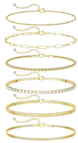 Hebterrka Gold Fußkettchen für Damen, wasserfest zierliche 6 teilige 14 Karat vergoldete Fußkettchen mit geschichteten kubanischen Gliederketten