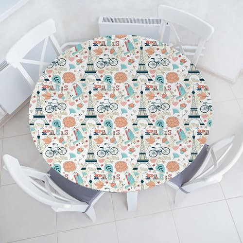 ABAKUHAUS Paris Elastisches Rundtischtuch, Dove Cupcake Eiffel Turm Blumen fallende Blätter Liebe Grungy Herbst in Frankreich Theme, Rundum-elastische Stofftischdecke, 90 cm - 100 cm, Mehrfarbig