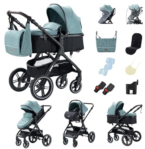GLOKID Carrito bebé 3 Piezas, Carro, Carrito bebé 3 en 1, Silla Paseo, Sistema de viaje, Plegable, neumáticos de caucho, Con accesorios, Góndola, Adaptateurs, 25 kg (X1 Verde)