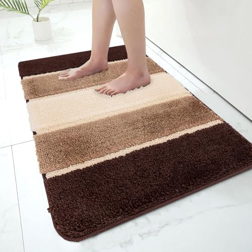 Paradise Products Bath Mat Non-Slip Bathroom Mat Super Absorbent Water, Washable rug Bath Mats, Soft Thick Microfiber Absorbent Bathroom Carpet Floor Mat (Brown/Beigh, 40x60, Rectangular, Striped)
