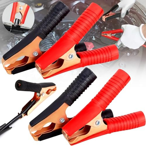 Mikqky 4 Piezas Clips De Batería De Cocodrilo, 100A Pinzas De Cocodrilo, Pinzas De Cocodrilo para Coche, Pinzas De Batería De Cobre Puro, Abrazaderas De Cable De Puente para Coche(Negro + Rojo)
