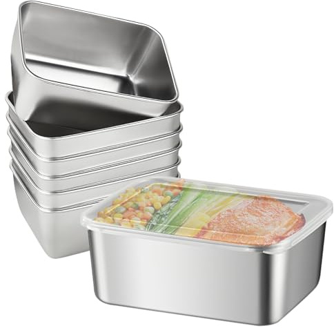GOEDCH 6 stycken matförvaringsburkar av rostfritt stål: 13 × 10 × 5 cm rostfritt stål skärlådor, matförvaringsburkar med lock, kylförvaring av rostfritt stål, meal prep-lådor, lufttät