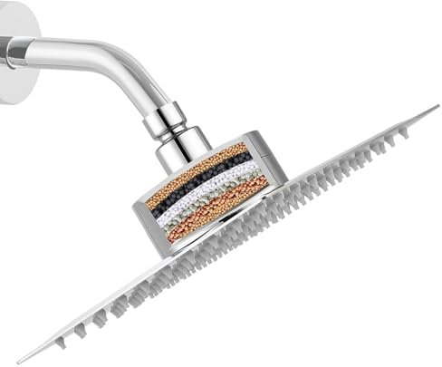 Katezon Soffione doccia filtrato ad alta pressione con filtro per acqua dura, rimuove cloro e sostanze nocive, 20 cm, soffione quadrato a pioggia (cromato)