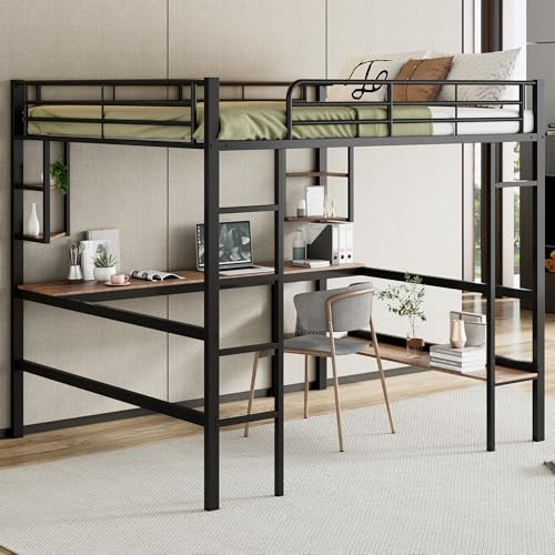 Dolamaní Hochbett Metall 140x200 cm für Kinder, Jugendliche und Erwachsene, Metallbett Etagenbett mit Schreibtisch und Regal, Rausfallschutz Sicheres Design, Schwarz,