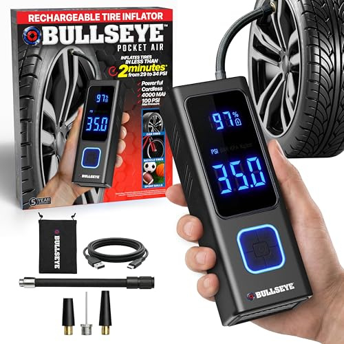 POCKET AIR Tire Inflator Portable Air Compressor by BULLSEYE for Tires, Balls, Bike with Persta Valve, Auto Shut Off, Inflates in 2 Min, Cordless Rechargeable 4000MAH,100 PSI, SoS Light