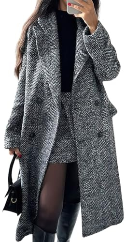 chouyatou Women's Winter Casual Herringbone Wool Coat Double Breasted Notch Collar Dressy Long Trench Coat (Large, Grey)