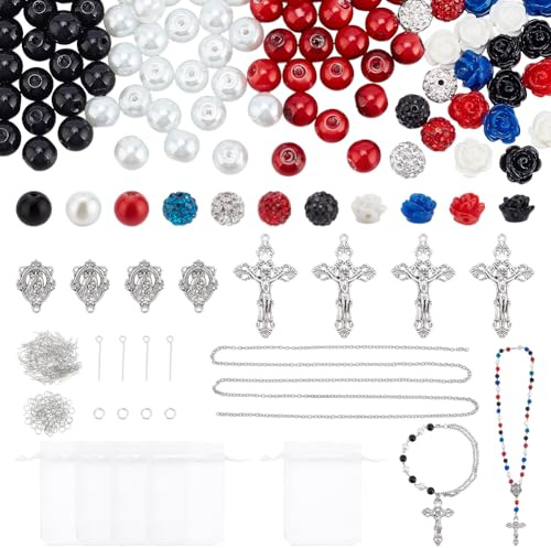 PH PandaHall 493pcs Rosenkranz-Schmuck machen Kit Gebet machen Zubehör 8mm Strass Perlen Glasperlen Kreuz Charms Rose Perlen für Schmuckherstellung Halskette