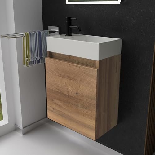 Alpenberger Gäste WC Waschbecken mit Unterschrank 45 cm | Badezimmerschrank Schmal | Badmöbel Set Waschplätze für Kleine Bäder | Waschbeckenunterschrank (Bamboo, Waschbecken - Rechte Seite)