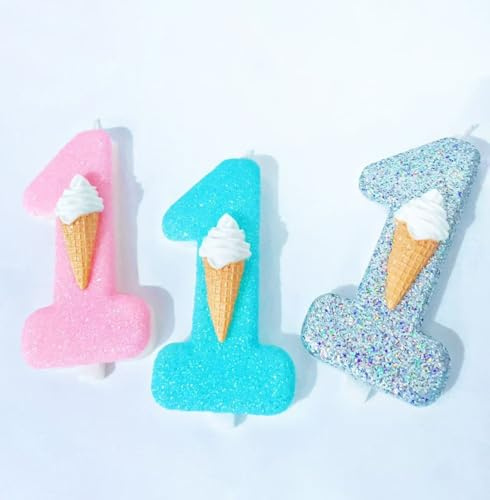 Ice-Cream Birthday Candle,Ice-Cream Number Happy Birthday Cake Topper Glitter Ice-Cream Theme Baby Shower Kids Birthday Party Ice-Cream Cake Decorations Supplies (Candle # 3, Blue Glitter)