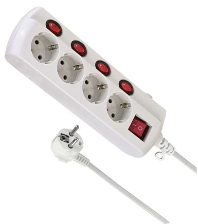 Steckdosenleiste mit 4 Steckdosen mit Einzelschalter, Kabel 1,5 m, 3680 W max