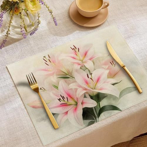 4 Tischset Mit Rosa Lilie 45X30Cm Retro Tischsets Mit Elegante Pflanze Für Esstisch Rustikale Zuhause Tischsets Waschbar Für Frühling Sommer Urlaub Party Küche Bauernhaus