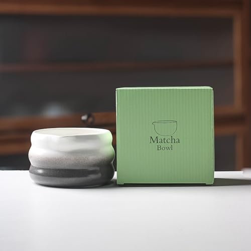 YlobdolY Tazón de cerámica para matcha con boquilla de vertido, tradicional hecho a mano, a rayas, degradado, de porcelana esmaltada mate, cuenco para mezclar té matcha japonés con caja de regalo para
