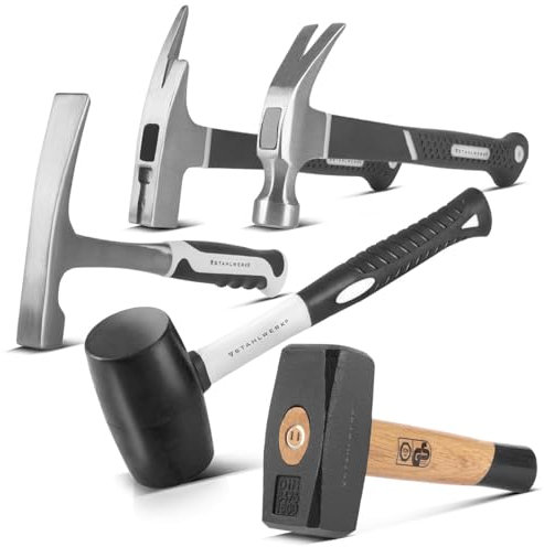 STAHLWERK Hammer 5er Set mit Fäustel, Klauenhammer, Maurerhammer, Latthammer und Gummihammer